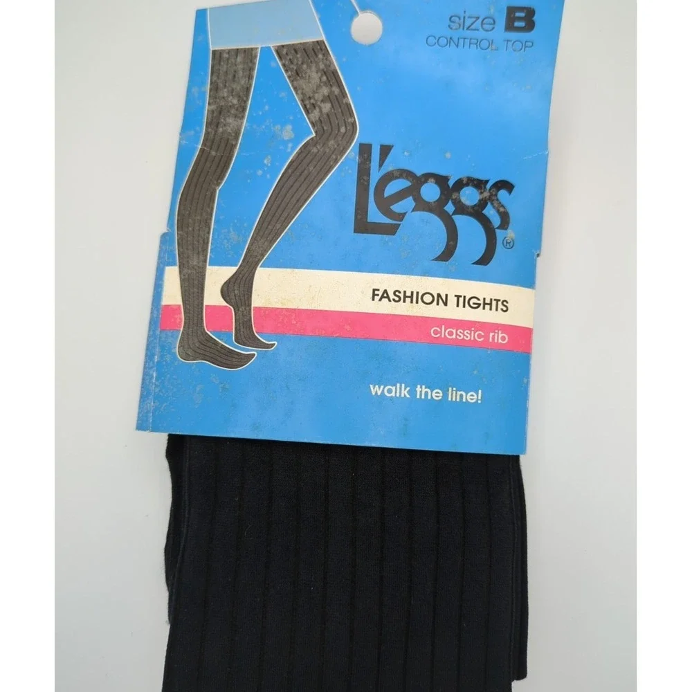 L'eggs 1 Pair Tights Size B Textured Jet Black Ribbed Fashion Opaque Spring Fall
